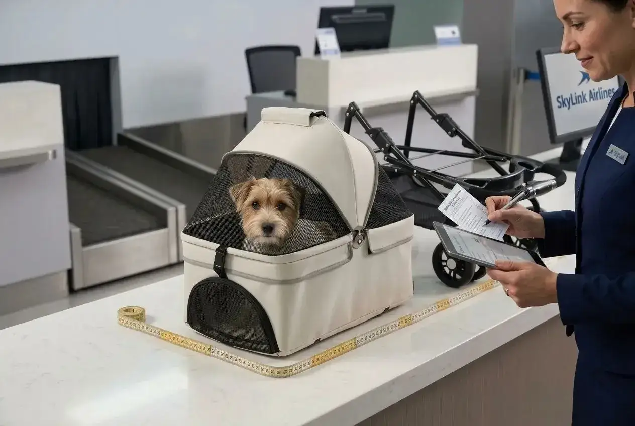Un adorable chien est prêt pour son voyage en **air caraïbes** dans son panier. Une hôtesse vérifie les dimensions.