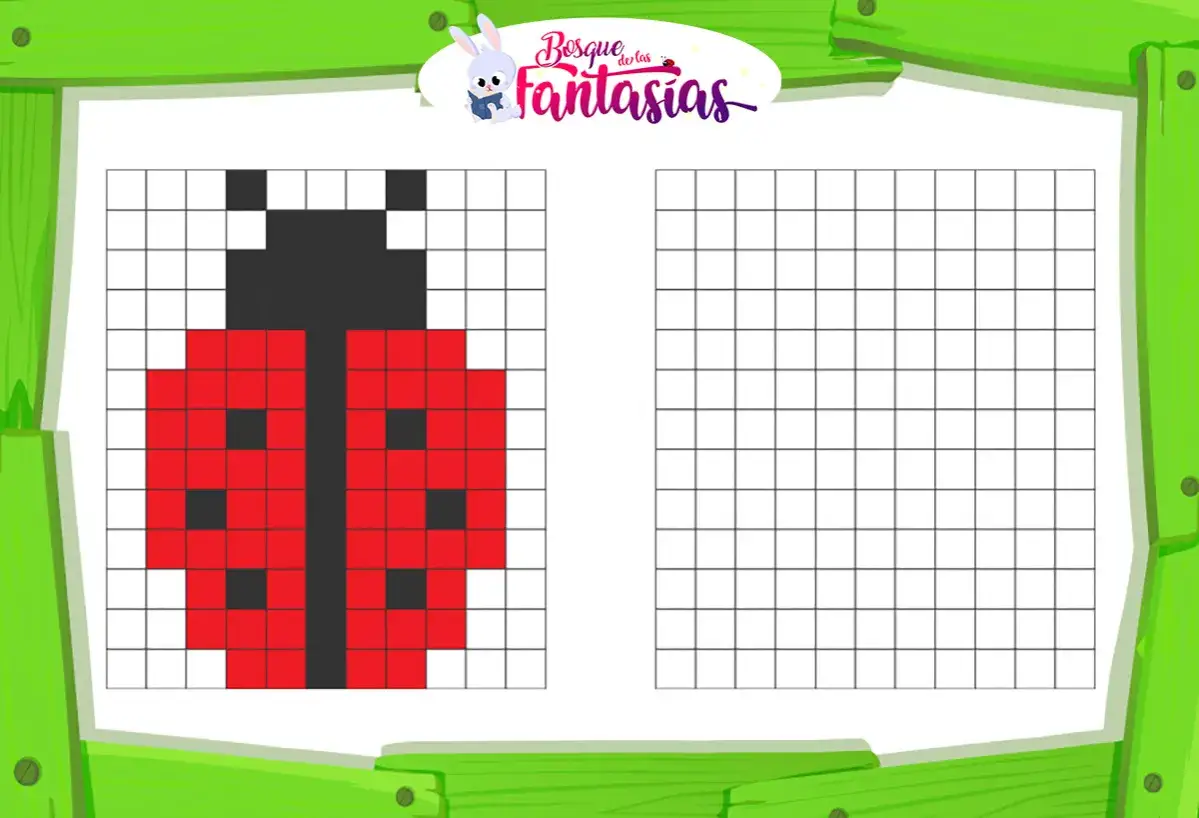 Dibujos pixel art f&aacute;ciles y bonitos: una mariquita roja y negra en una cuadr&iacute;cula, lista para ser copiada.