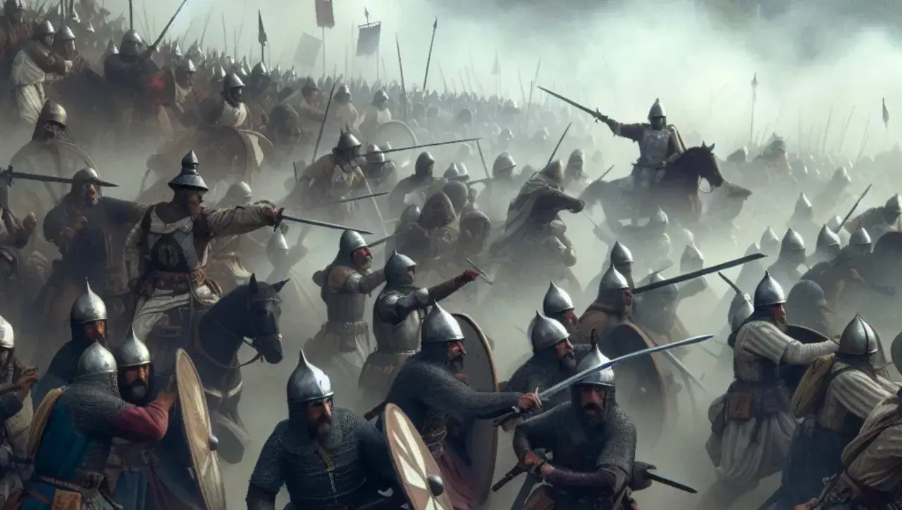 Una épica batalla de Covadonga, con guerreros con armadura y espadas en medio de la niebla.