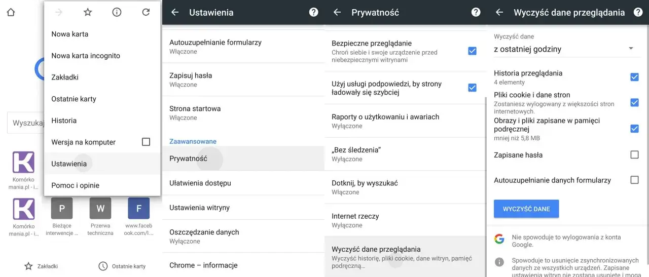Jak wyczyścić przeglądarkę Google w telefonie? W menu Ustawienia > Prywatność znajdziesz opcję 