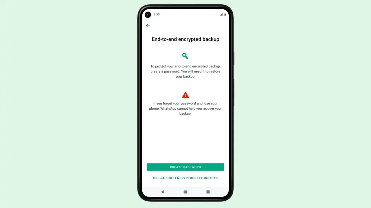 Ekran telefonu z opcją tworzenia hasła do zaszyfrowanej kopii zapasowej WhatsApp. Pamiętaj, by nie zapomnieć hasła!