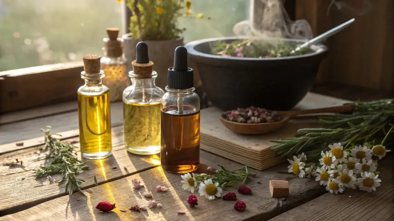 Naturliga oljor och örter för en hemmaspa-upplevelse, perfekt för hårinpackning torrt hår hemma.
