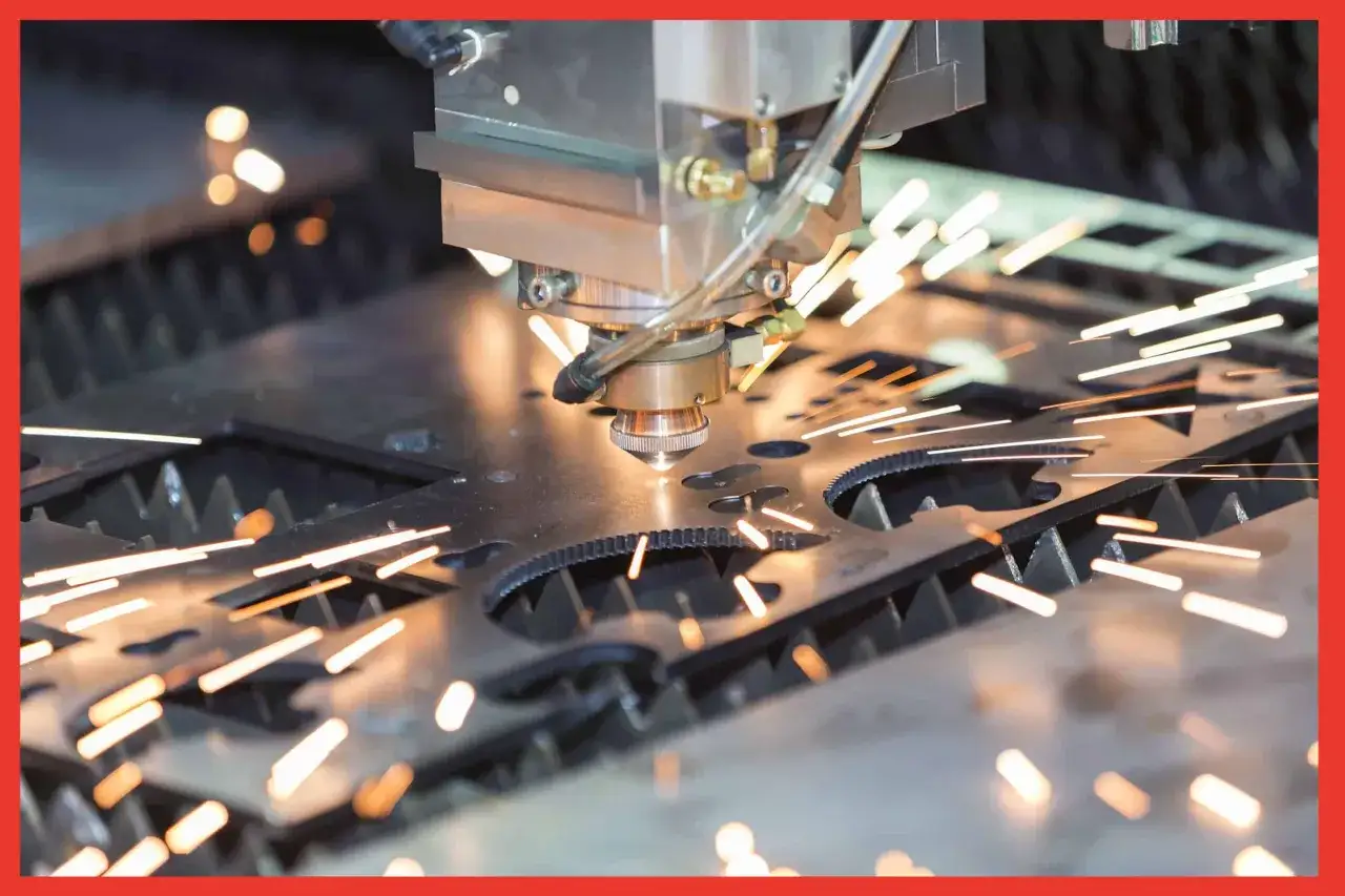 Precyzyjne cięcie metalu przez maszynę CNC, iskry sypią się wokół. To pokazuje, cnc co to za technologia.