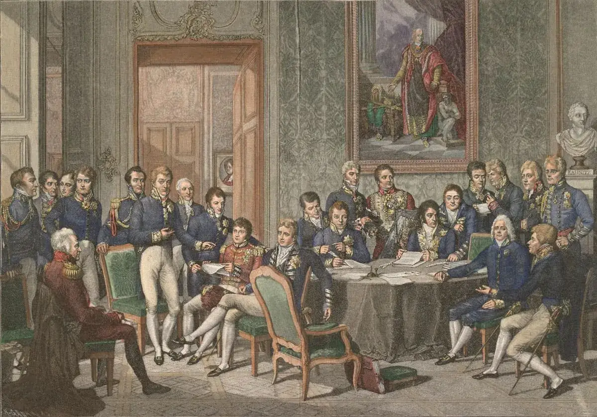 Männer in Uniformen versammeln sich um einen Tisch, um über die Neuordnung Europas zu beraten. Wann war der Wiener Kongress? 1814-1815.
