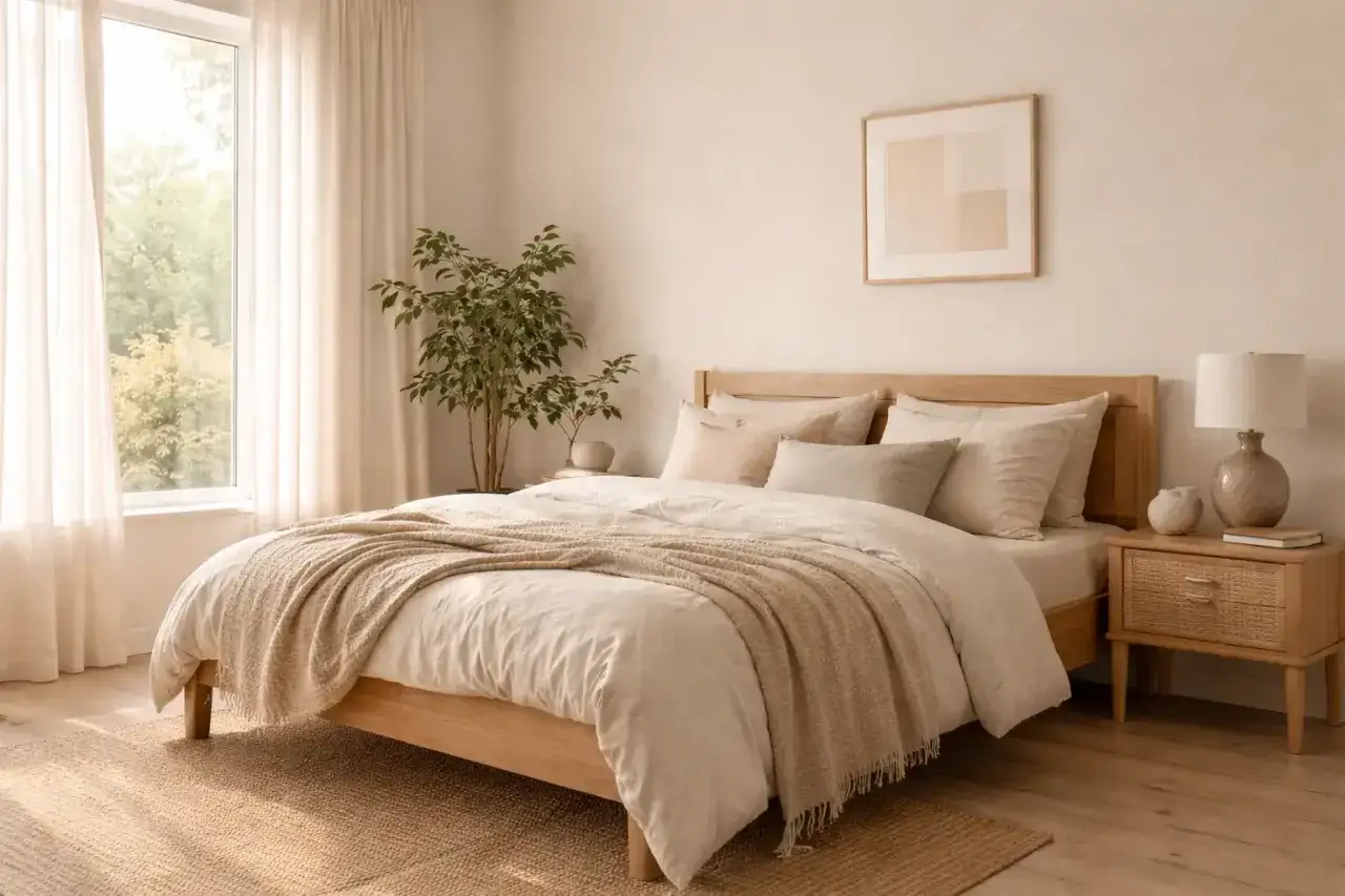 Une chambre beige paisible avec un lit en bois, des coussins douillets, une couverture textur&eacute;e et une plante verte pr&egrave;s d'une grande fen&ecirc;tre.