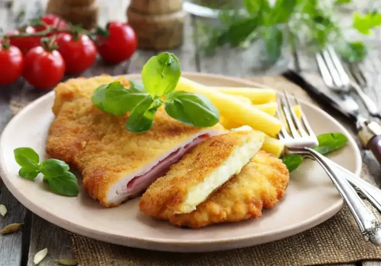 Schab po szwajcarsku z rozpływającym się serem i szynką, podany z makaronem i pomidorkami koktajlowymi. Pyszny obiad!