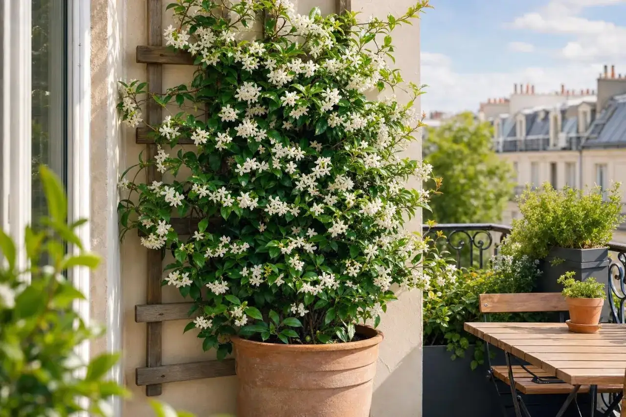 Un jasmin en pot, grimpant sur un treillage, orne un balcon parisien. Son entretien facile permet une floraison abondante.