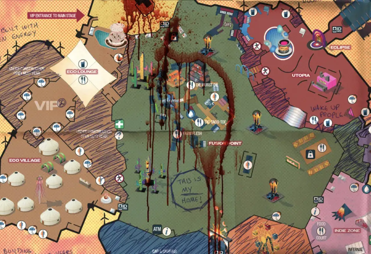 Mapa festiwalu z krwawymi śladami, sugerująca mroczny **Dead Island 2 czas gry**. Widoczne strefy: Eco Lounge, Utopia, Indie Zone.