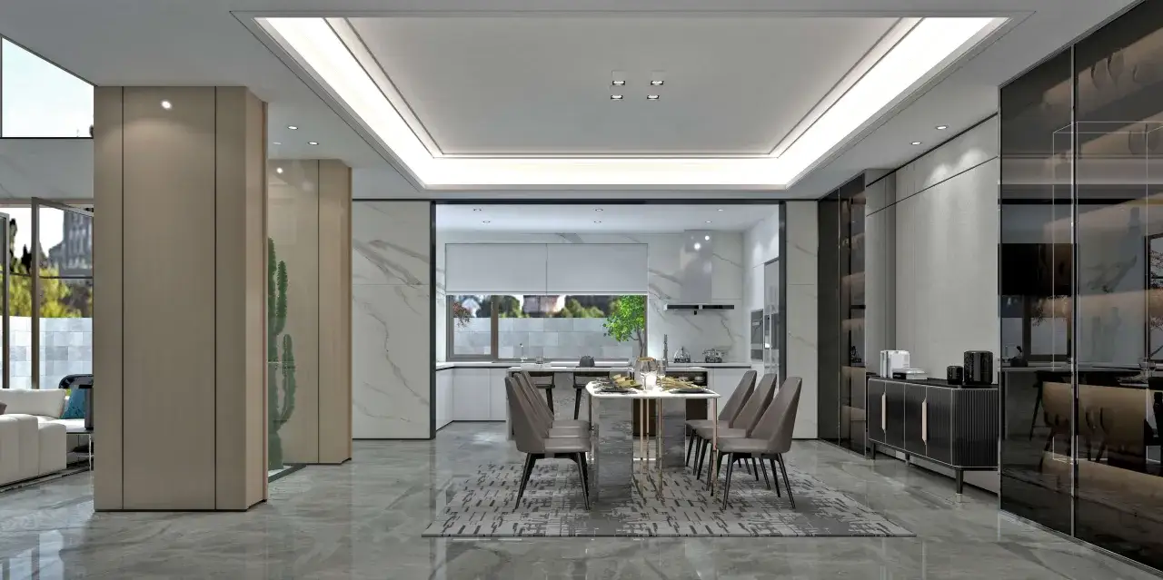 Nowoczesny salon z jadalnią i kuchnią. Elegancki sufit podwieszany z wbudowanymi lampami tworzy przytulną atmosferę.