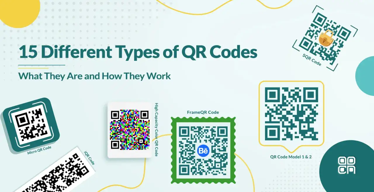 R&oacute;żne rodzaje kod&oacute;w QR: Micro QR, iQR, SQR, FrameQR, High Capacity Color QR, QR Code Model 1 & 2.