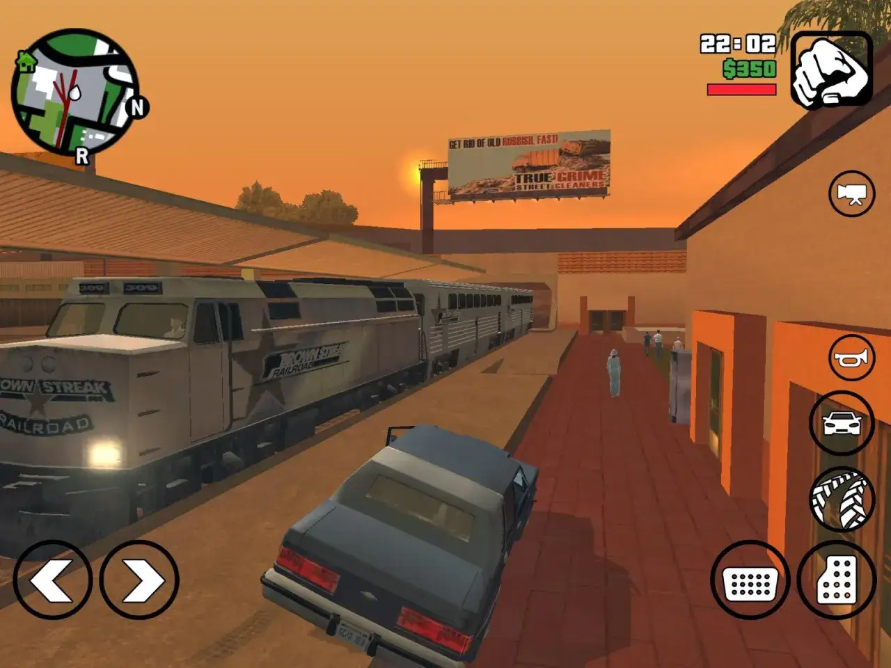 Pociąg na stacji w GTA SA Android, z polskim spolszczeniem. W tle billboard