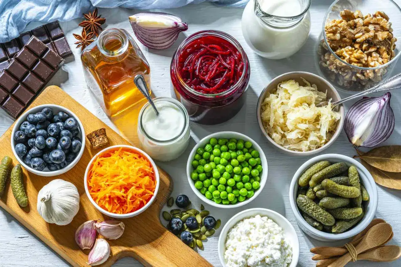 Zdrowe produkty: jogurt, kiszona kapusta, buraki, jagody, marchew, groszek, orzechy, czosnek, ogórki, mleko, czekolada. Idealne co na lepsze trawienie.