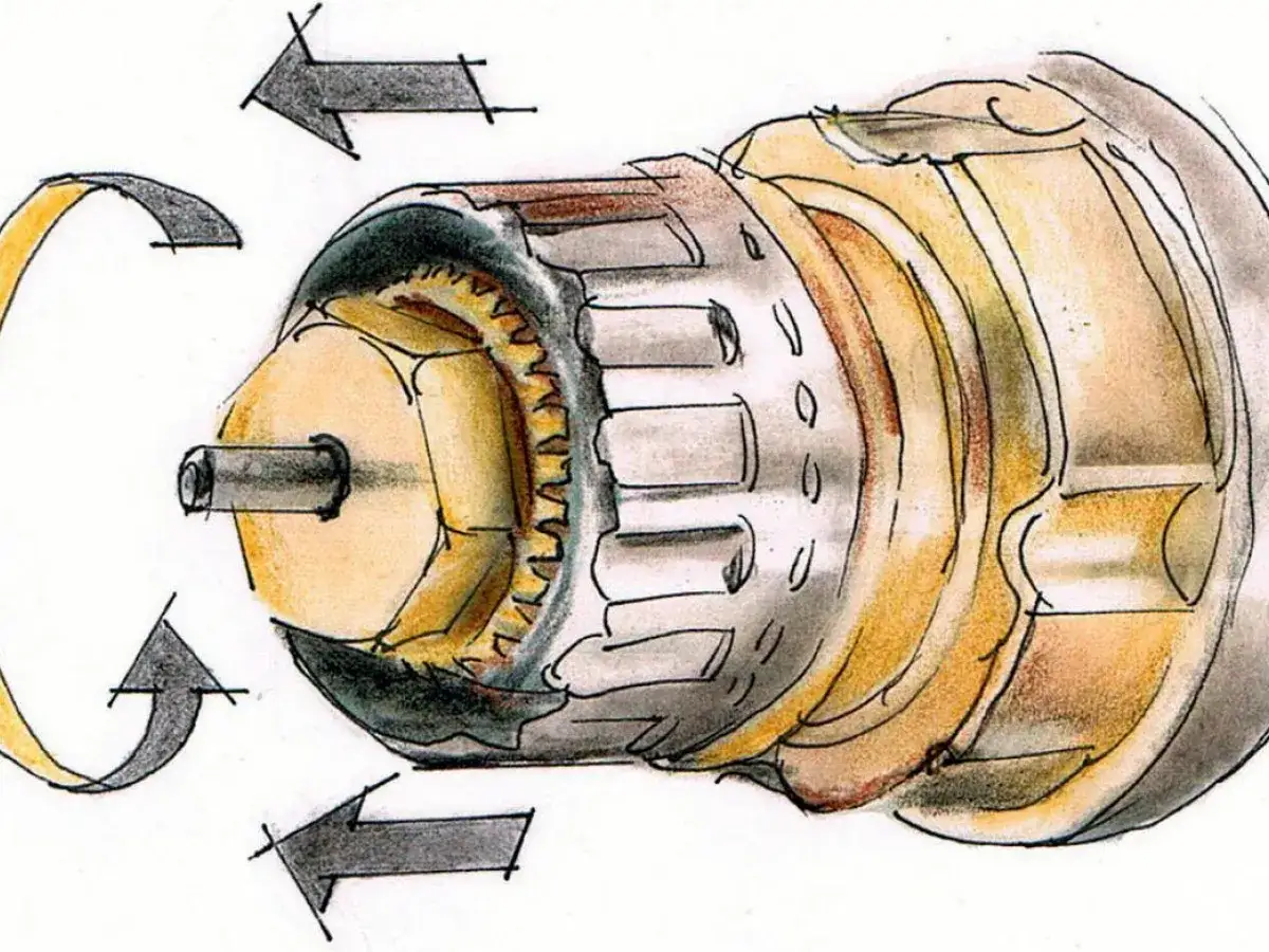 Ilustracja pokazuje mechanizm głowicy termostatycznej, wyjaśniając jak działa. Strzałki wskazują ruch obrotowy i liniowy.