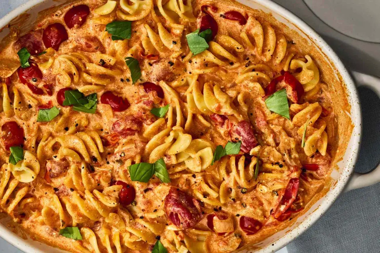 Cremige Nudeln mit Feta, Kirschtomaten und Basilikum in einer Auflaufform.