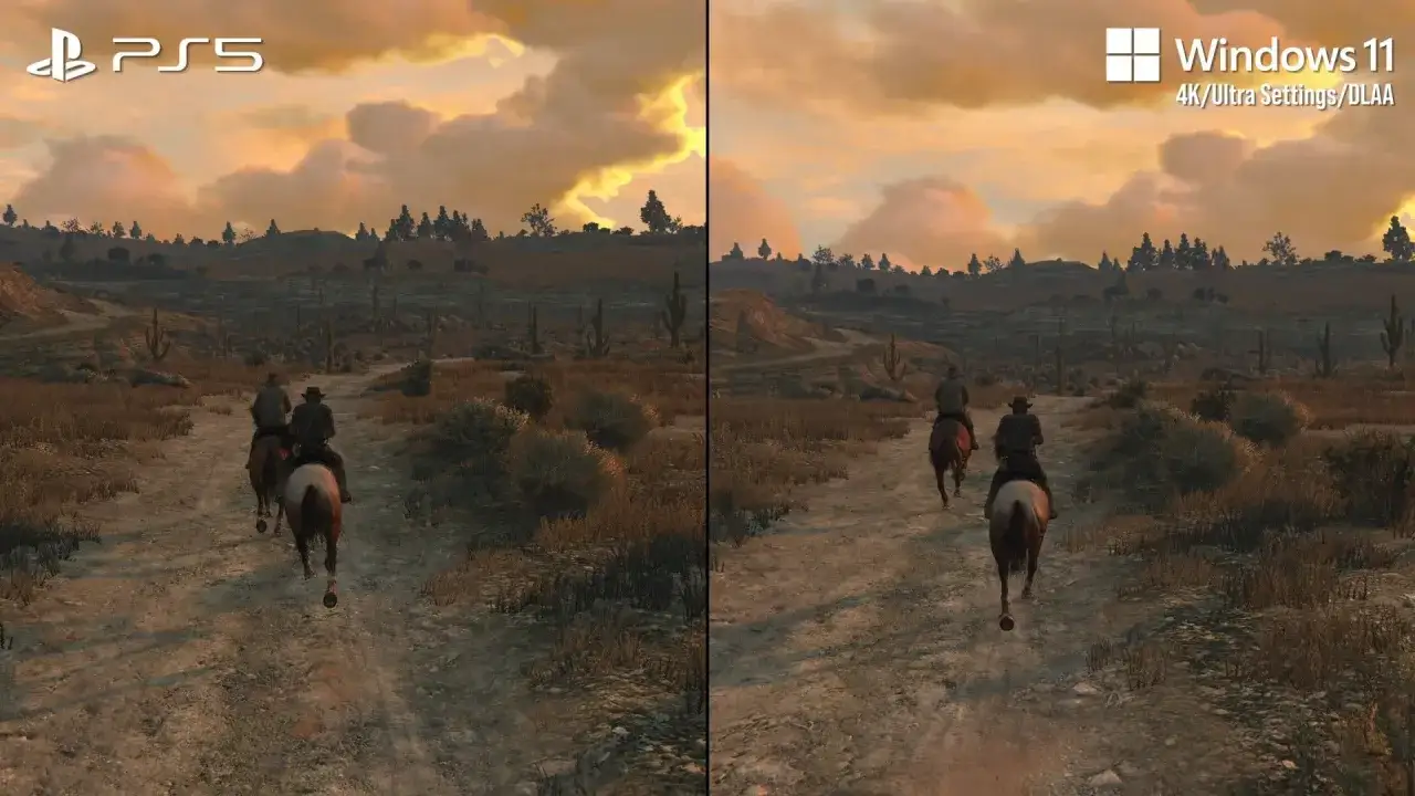 Zwei Reiter reiten durch eine staubige W&uuml;stenlandschaft bei Sonnenuntergang. Ein Vergleich zwischen RDR2 auf PS5 und Windows 11.