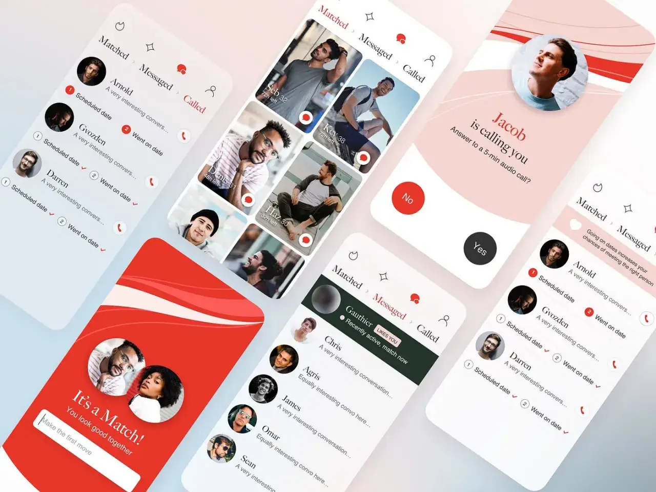 Aplikacja randkowa, przypominająca Tinder, kiedy powstał, pokazuje profile użytkownik&oacute;w, czaty i powiadomienia o dopasowaniach.