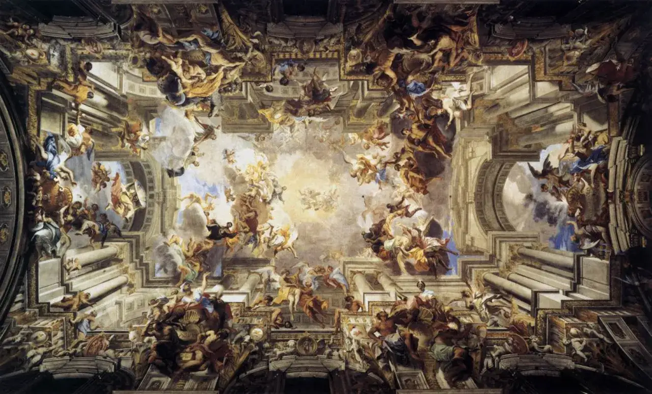 Affresco illusionistico del soffitto della chiesa di Sant'Ignazio di Loyola, con figure celesti e architetture dipinte che creano un effetto di profondità.