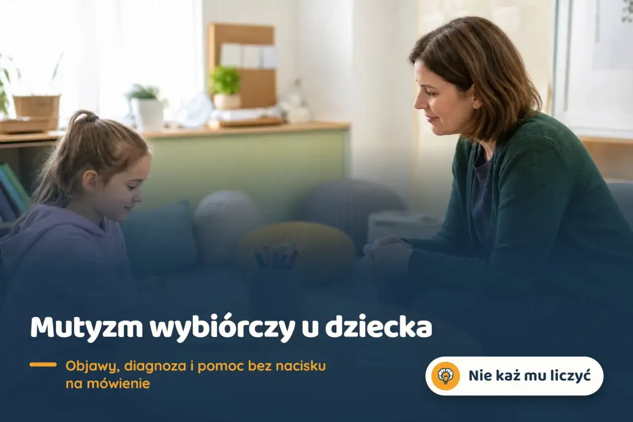 Terapeutka rozmawia z dziewczynką, która doświadcza mutyzmu wybiórczego. Pomoc i wsparcie bez presji.