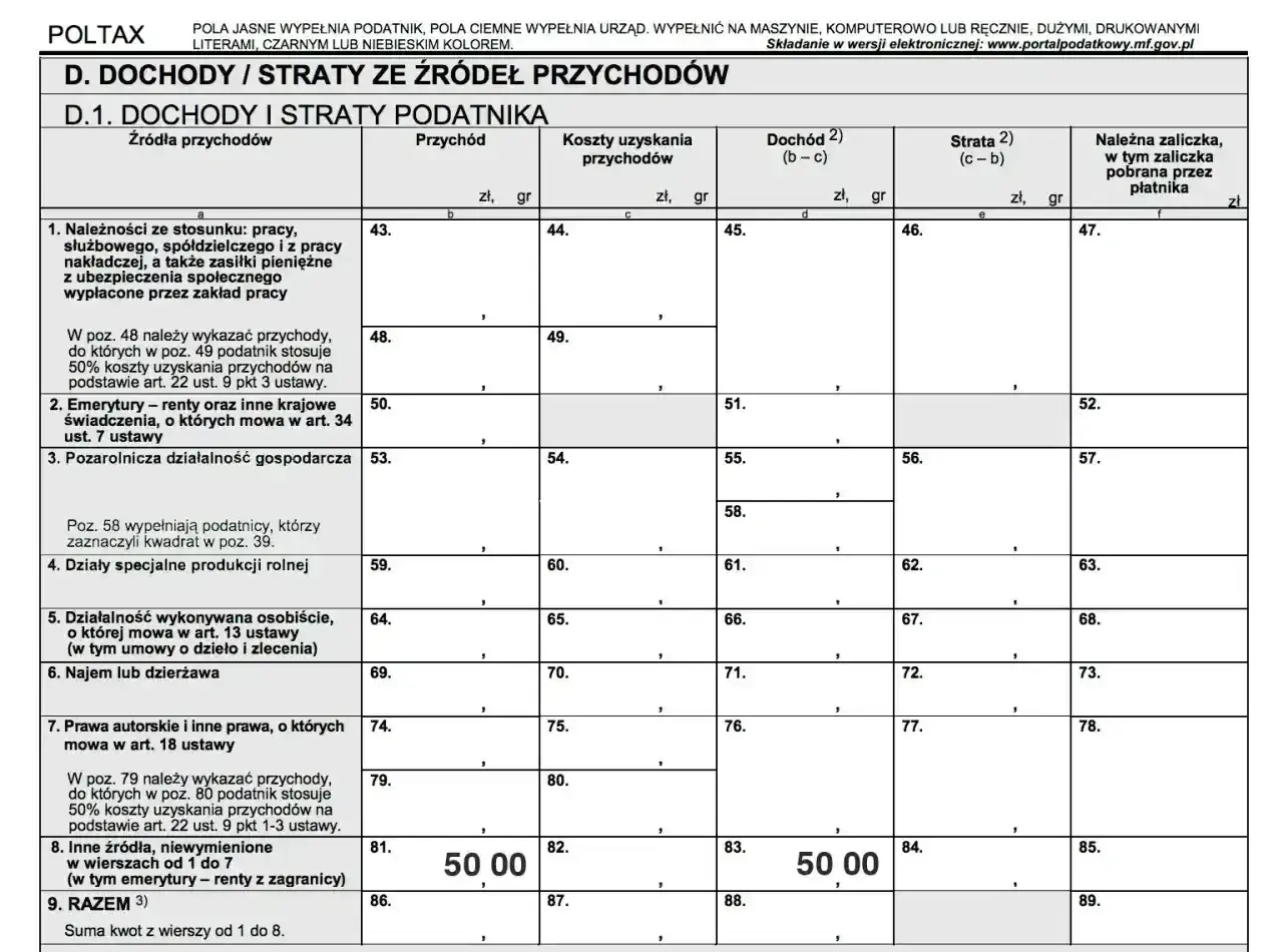 Formularz PIT-8C: dochody, koszty, doch&oacute;d, strata. Czy trzeba rozliczać? Wpisano 50,00 zł w wierszu 8.