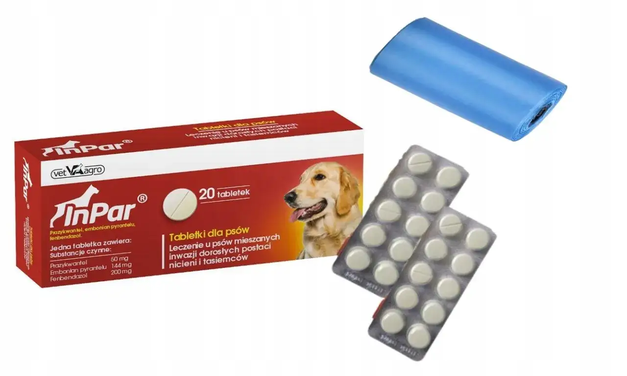 Opakowanie tabletek na odrobaczenie psa InPar, z wizerunkiem golden retrievera. W zestawie rolka niebieskich woreczków na odchody. Pytanie: po jakim czasie działa tabletka na odrobaczenie psa?