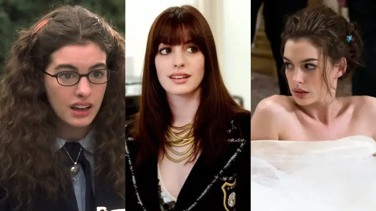 Trzy ujęcia Anne Hathaway z filmów: jako Mia Thermopolis w okularach, jako Andy Sachs w eleganckim naszyjniku i jako panna młoda.
