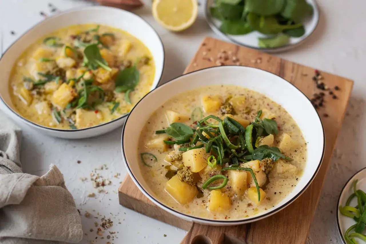 Cremige Kartoffelsuppe mit Lauch und Spinat, ein k&ouml;stliches lauchsuppe rezept f&uuml;r kalte Tage.