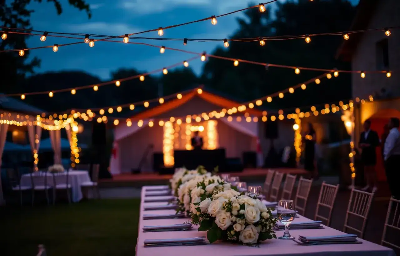 Festliche Lichterketten beleuchten eine **hochzeit party statt feier** im Freien. Lange Tische mit Blumenarrangements und gedeckten Plätzen warten auf Gäste.