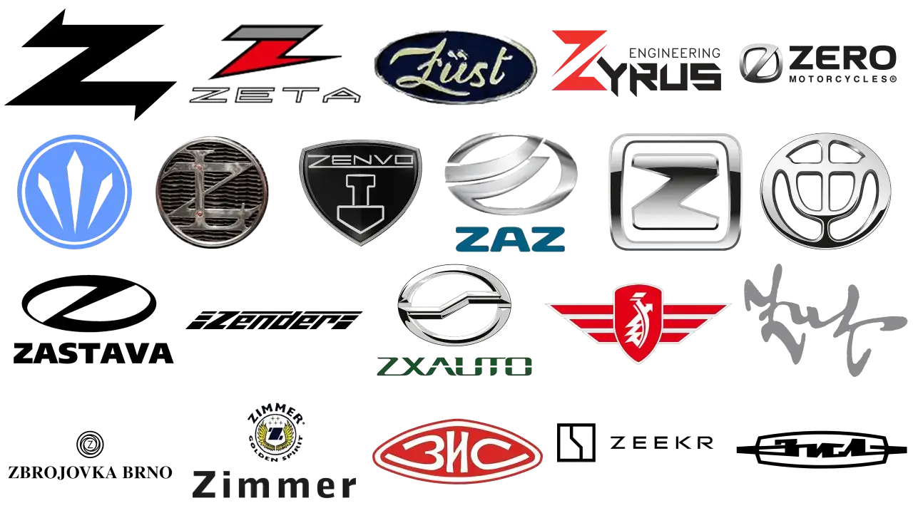 Kolekcja logotypów, w tym Zastava, Zaz, Zero Motorcycles i inne marki aut na literę Z.