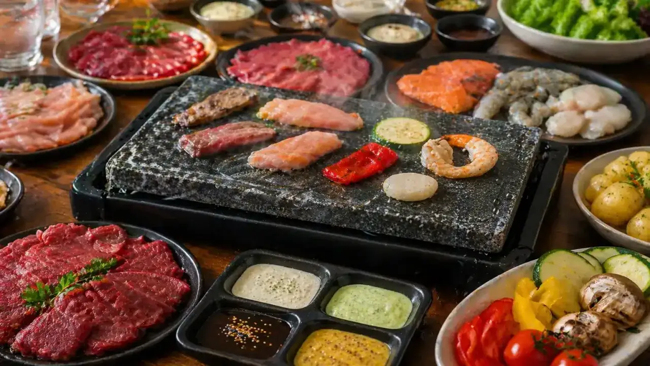 Une table garnie pour une pierrade recette : viandes crues, poissons, crevettes, légumes et sauces. Un festin à partager !