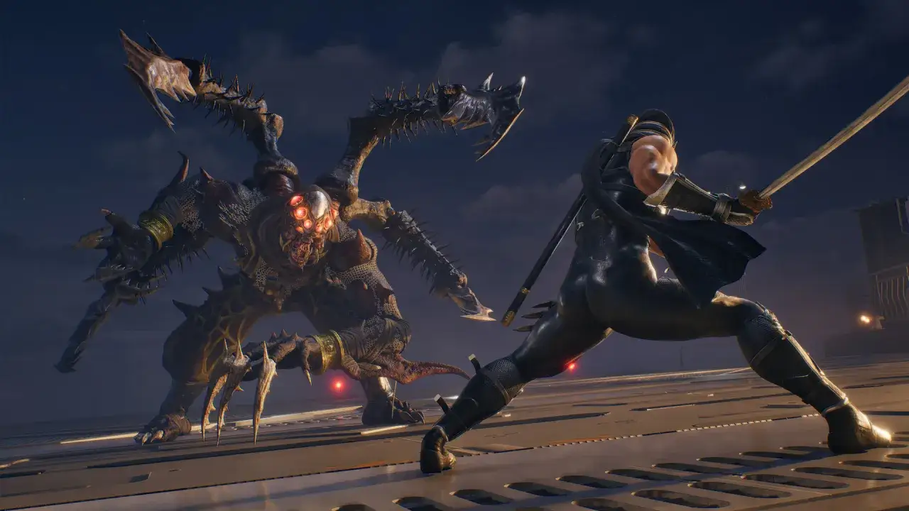 Ryu Hayabusa w grze Ninja Gaiden Black na Xbox walczy z potworem.