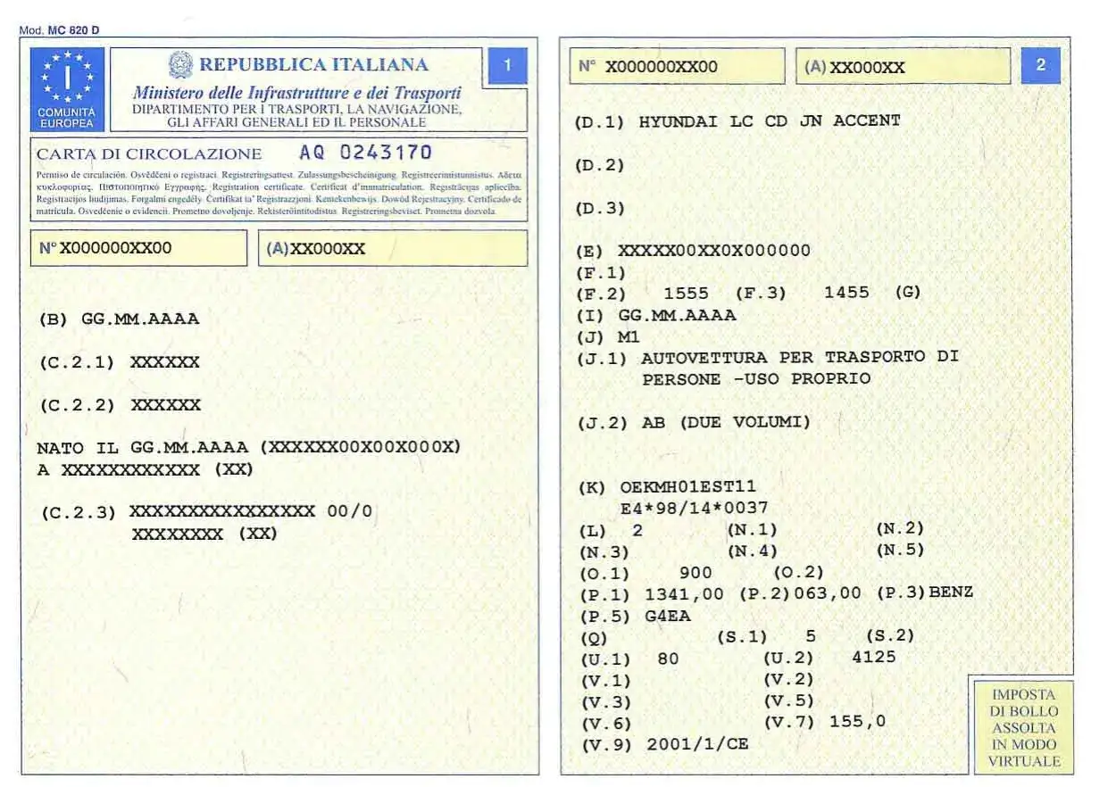 Documento di identità del veicolo: la carta di circolazione riporta dati tecnici e proprietario.