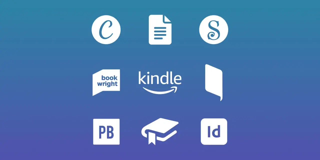Loghi di software per la creazione di libri digitali, tra cui Kindle, Bookwright e un'icona che ricorda uno scriba per creare un **scriba epub**.