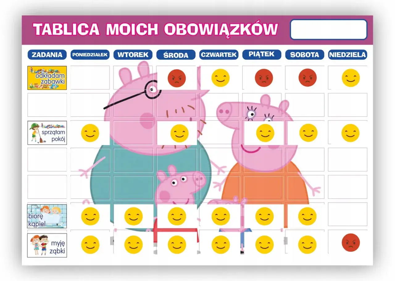Tablica motywacyjna dla dzieci do druku z Peppą i jej rodziną. Pomaga śledzić codzienne obowiązki, takie jak sprzątanie zabawek, pokoju, kąpiel i mycie zębów.
