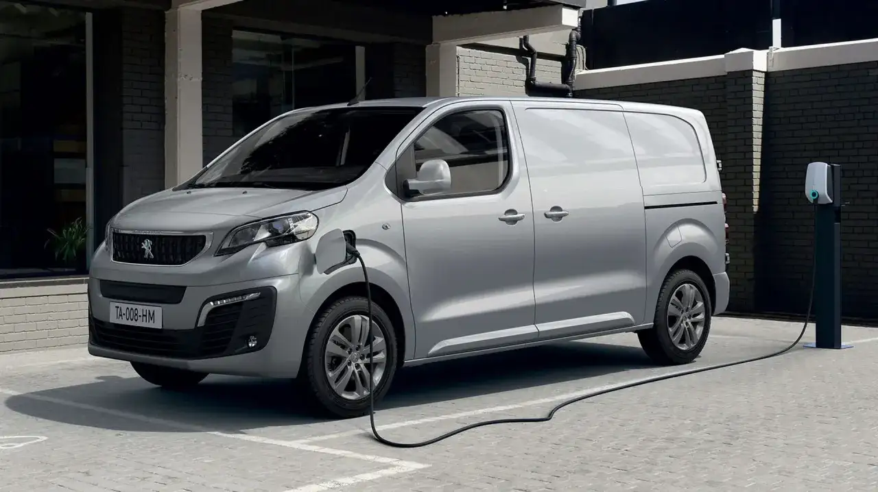 Srebrny pojazd kategorii N1 elektryczny Peugeot Expert jest ładowany przy stacji.