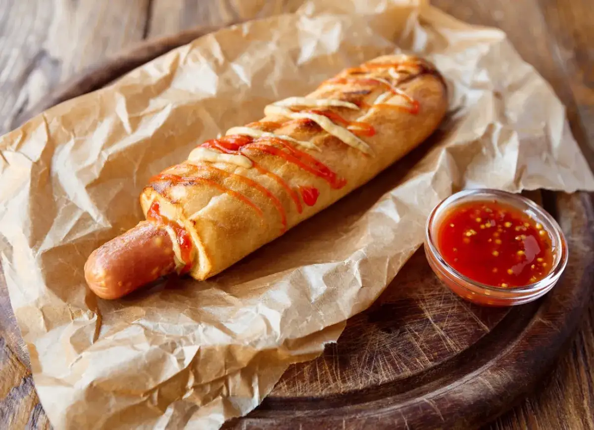 Pyszny hot dog francuski z keczupem i musztardą, podany na papierze z miseczką sosu.