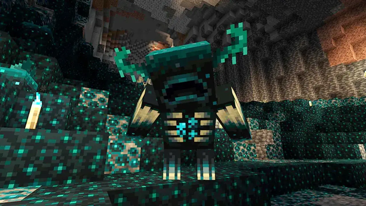 Potężny minecraft warden w ciemnej jaskini, otoczony świecącymi blokami.