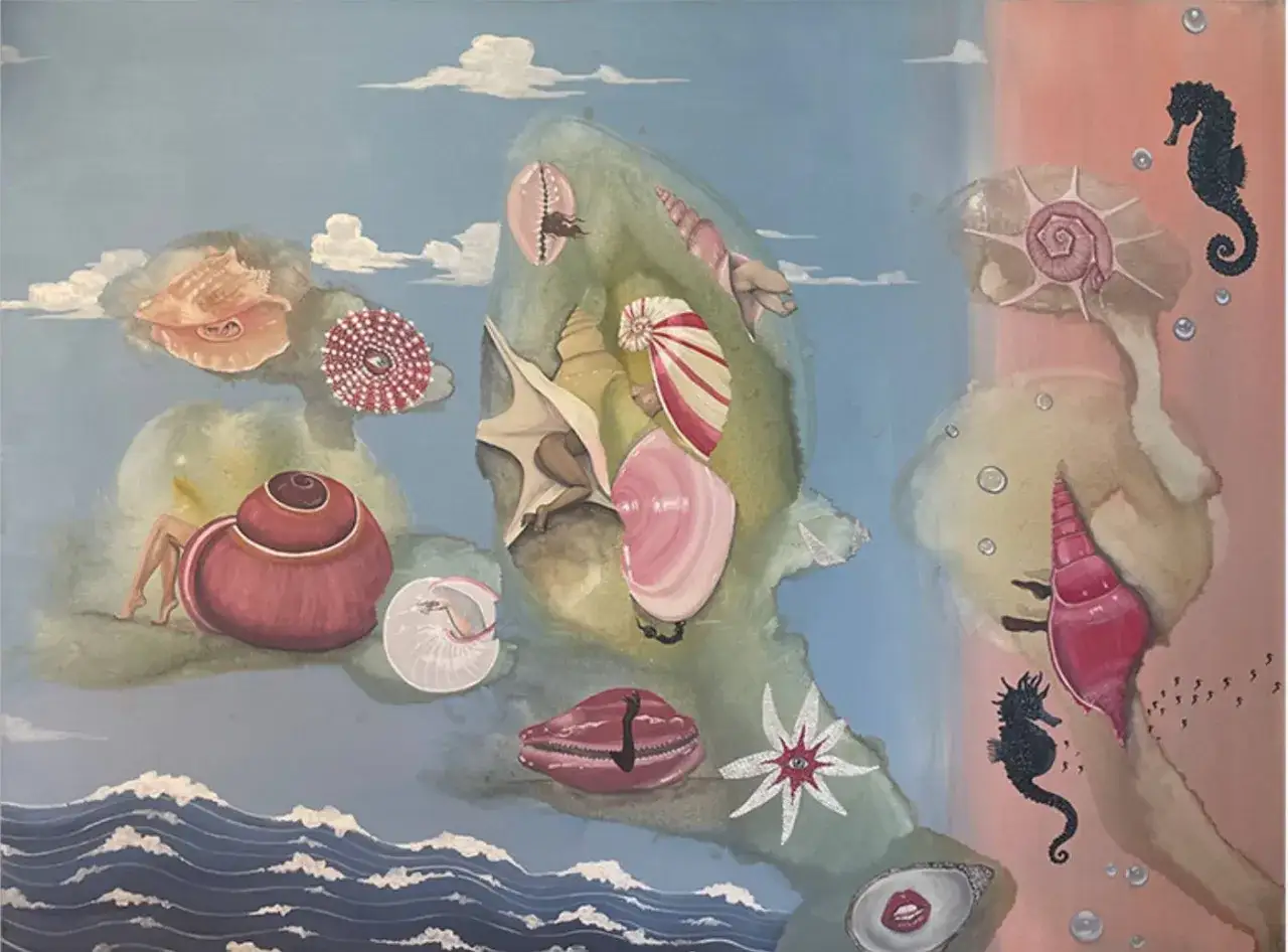 A surreal seascape with shells, seahorses, and human legs emerging from shells, reminiscent of female surrealist painters' dreamlike visions.