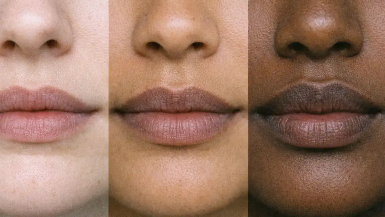 Tre labbra di diverse tonalit&agrave; di pelle, da chiara a scura, mostrano la texture naturale, senza accenni a schiacciare punti neri sulle labbra.