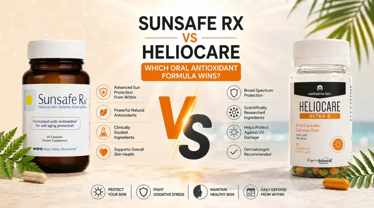 Comparativa de Sunsafe Rx y Heliocare, dos opciones de pastillas protecci&oacute;n solar oral. Descubre cu&aacute;l ofrece mejor defensa antioxidante.