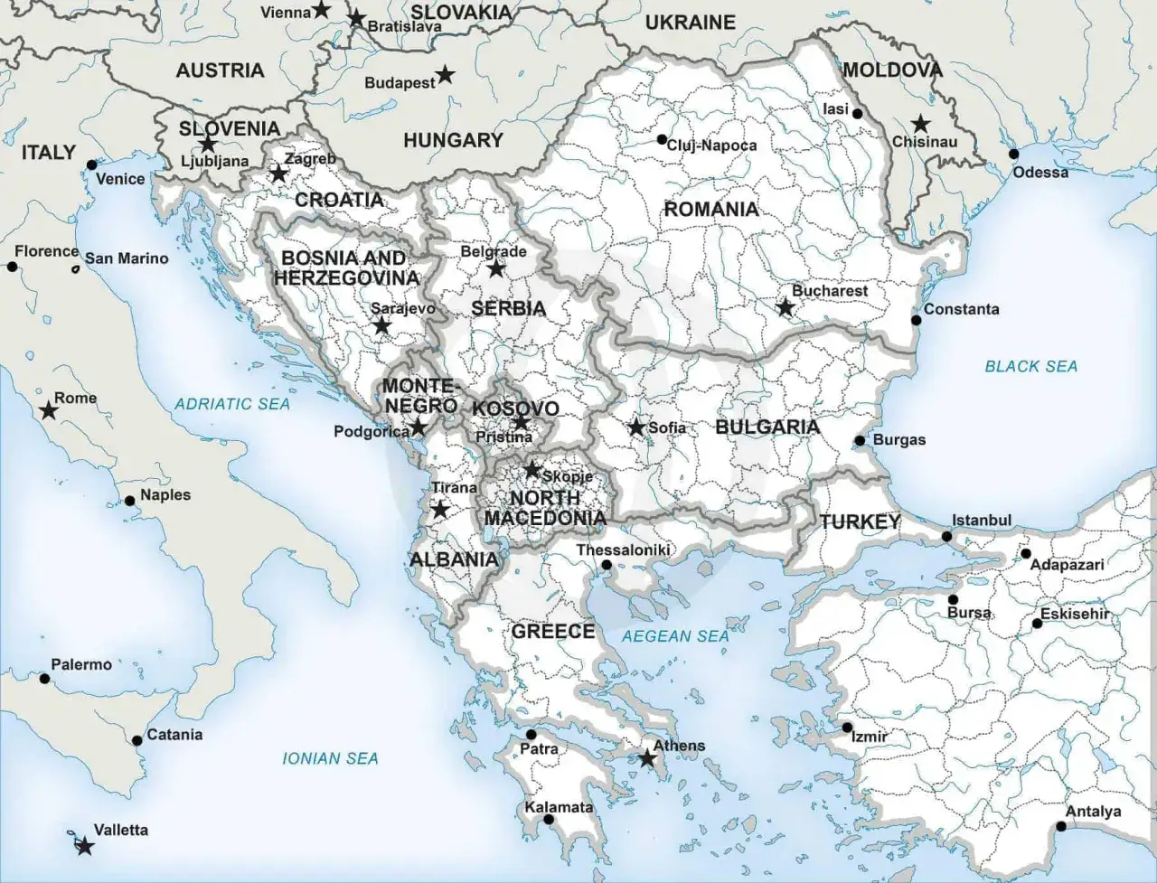Mapa polityczna Europy Środkowo-Południowej. Widoczne państwa bałkańskie: Słowenia, Chorwacja, Bośnia i Hercegowina, Serbia, Czarnogóra, Kosowo, Macedonia Północna, Albania, Grecja, Bułgaria, Rumunia, Mołdawia, Turcja.