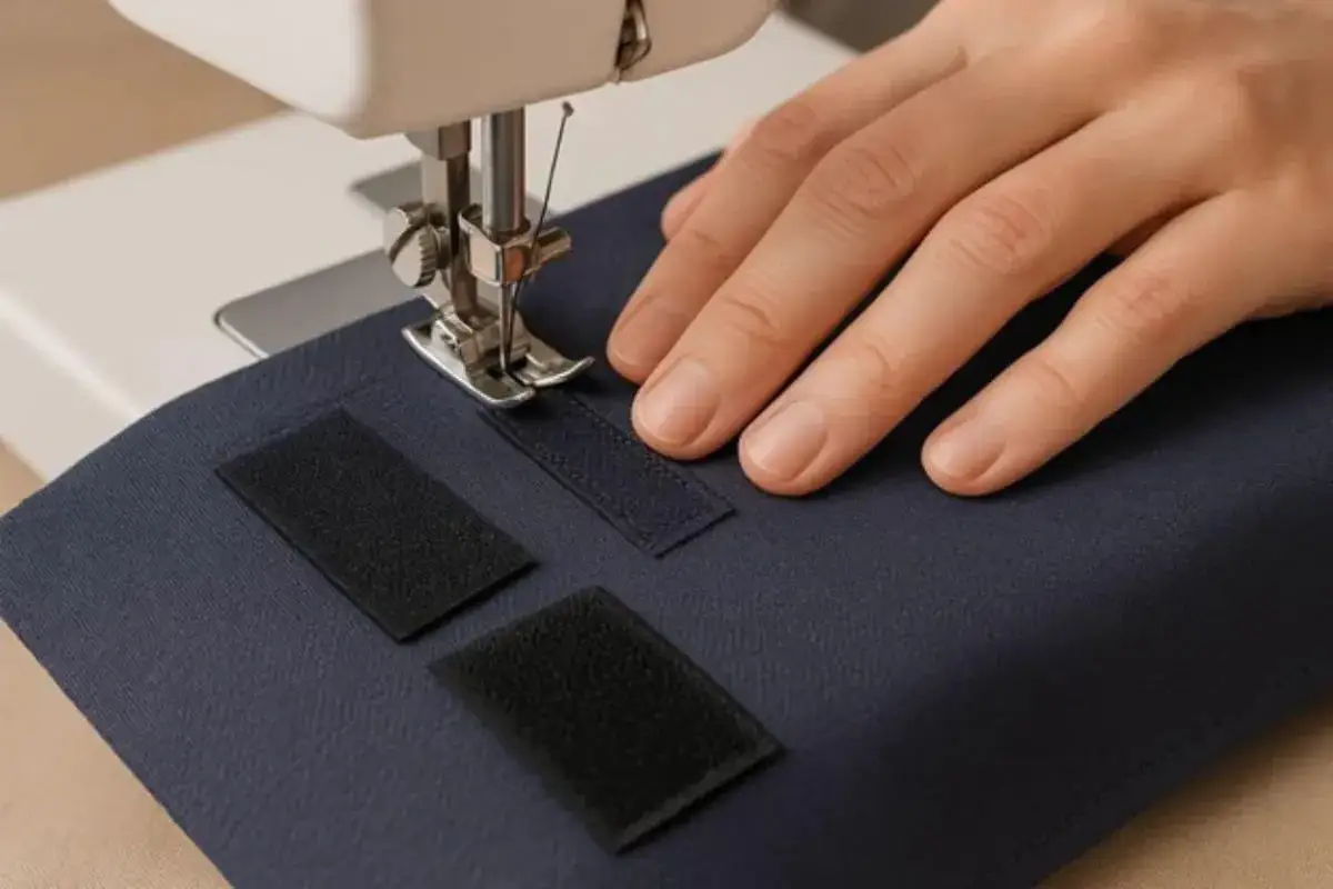 Main d'une personne utilisant une machine à coudre pour coudre du velcro sur un tissu bleu marine.