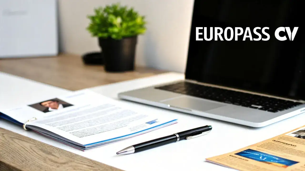 Laptop z napisem Europass CV, dokumenty i długopis na biurku. Idealne przygotowanie do wyjazdu na Erasmusa.