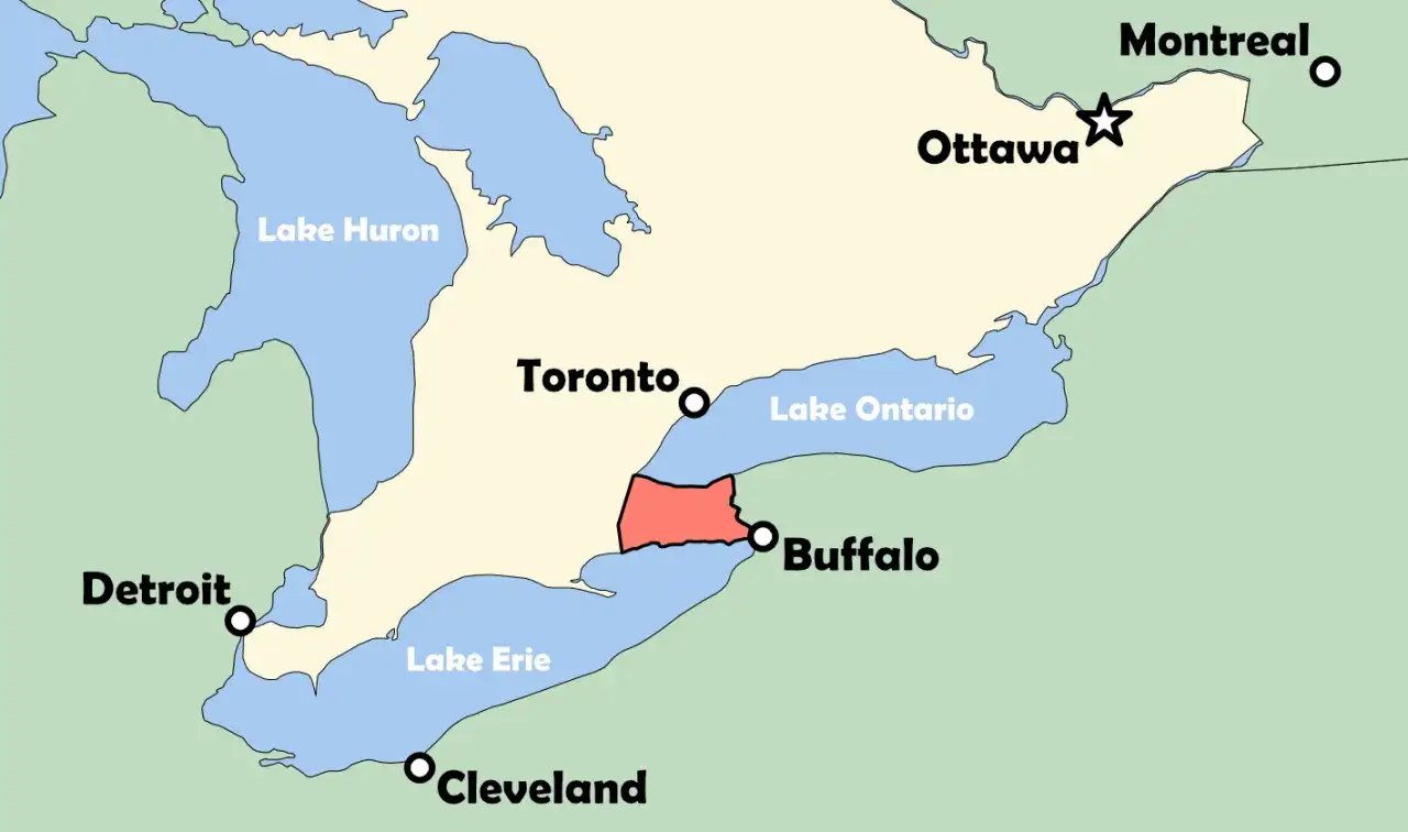 Mapa regionu Wielkich Jezior. Czerwony obszar między Toronto a Buffalo wskazuje, gdzie jest Niagara.