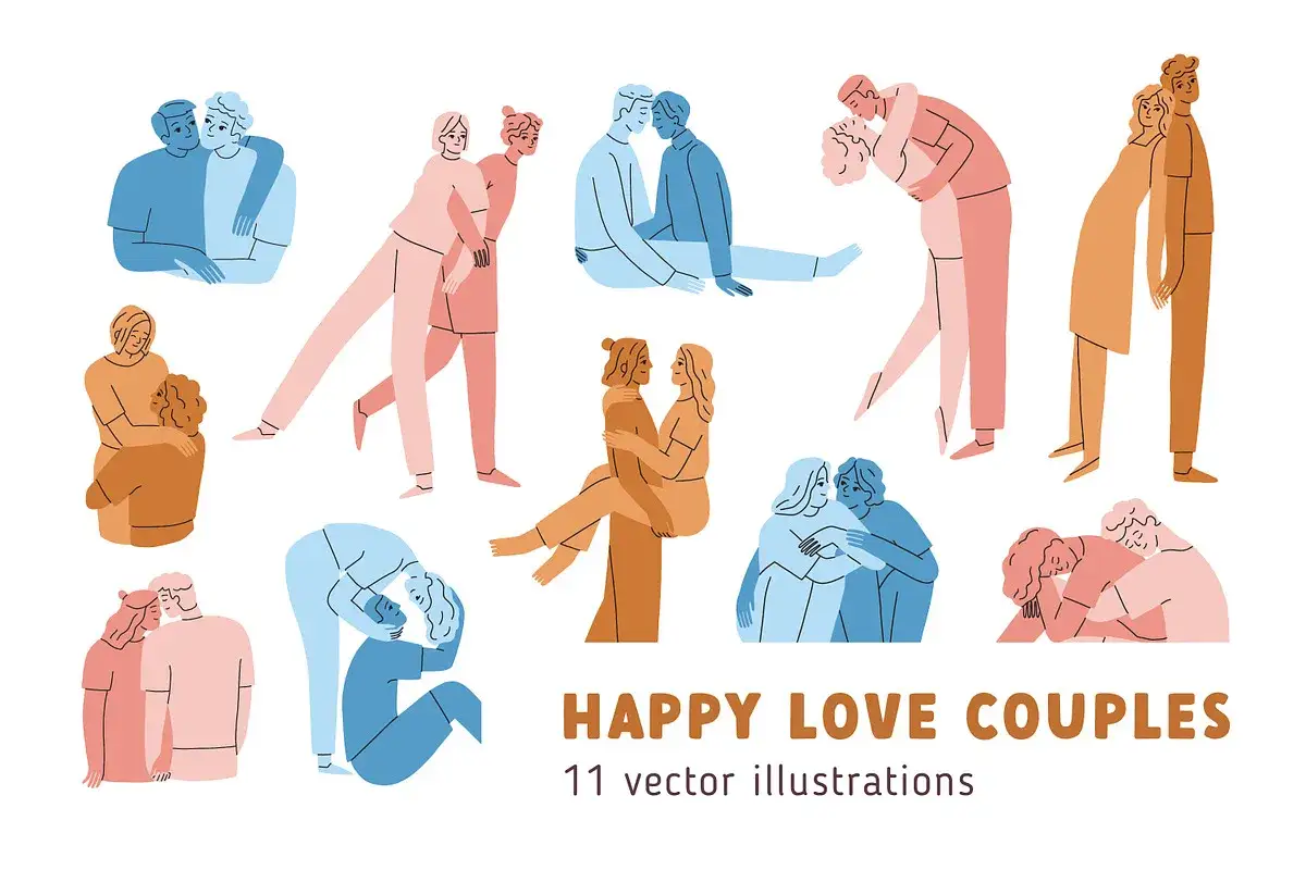 Ilustracje przedstawiające pary w intymnych uściskach, symbolizujące bliskość i kopulację ludzi.