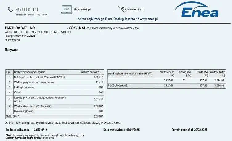 faktura prosumencka Enea przykład