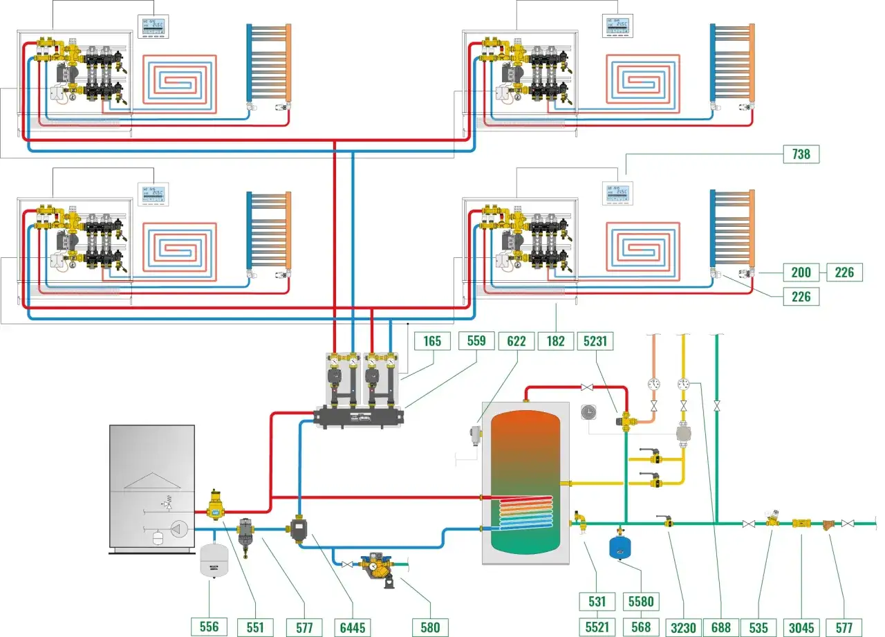 Diagrama de un sistema de calefacci&oacute;n y agua caliente sanitaria, mostrando un acumulador de agua caliente sanitaria con serpent&iacute;n.