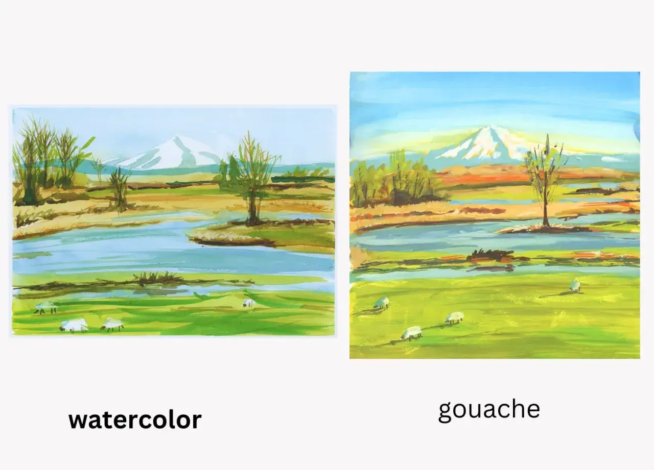 Comparaison visuelle de la diff&eacute;rence entre gouache et aquarelle : deux paysages de rivi&egrave;re avec des moutons, l'un plus transparent, l'autre plus opaque.