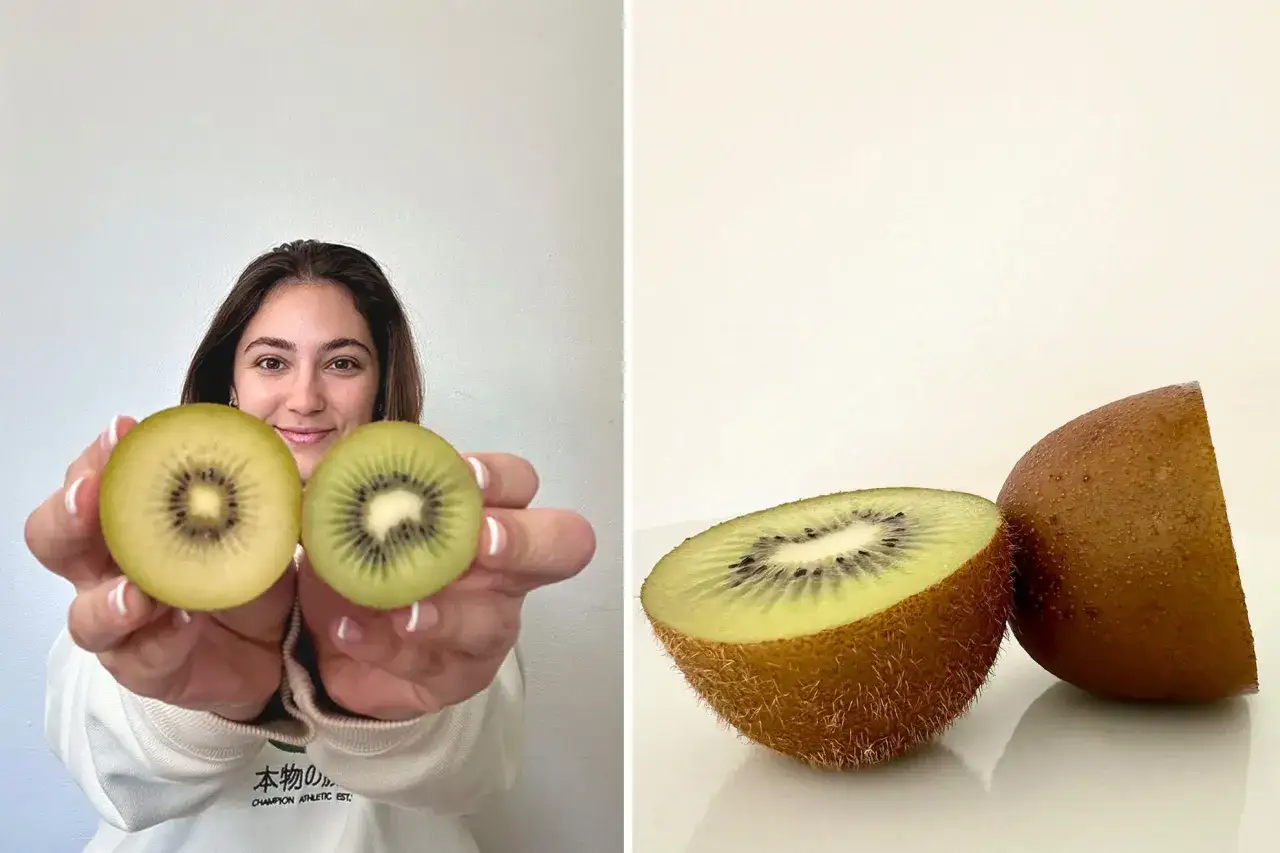 Uśmiechnięta dziewczyna trzyma połówki kiwi. Obok leżą kolejne połówki, pokazując, czy można jeść kiwi ze skórką.
