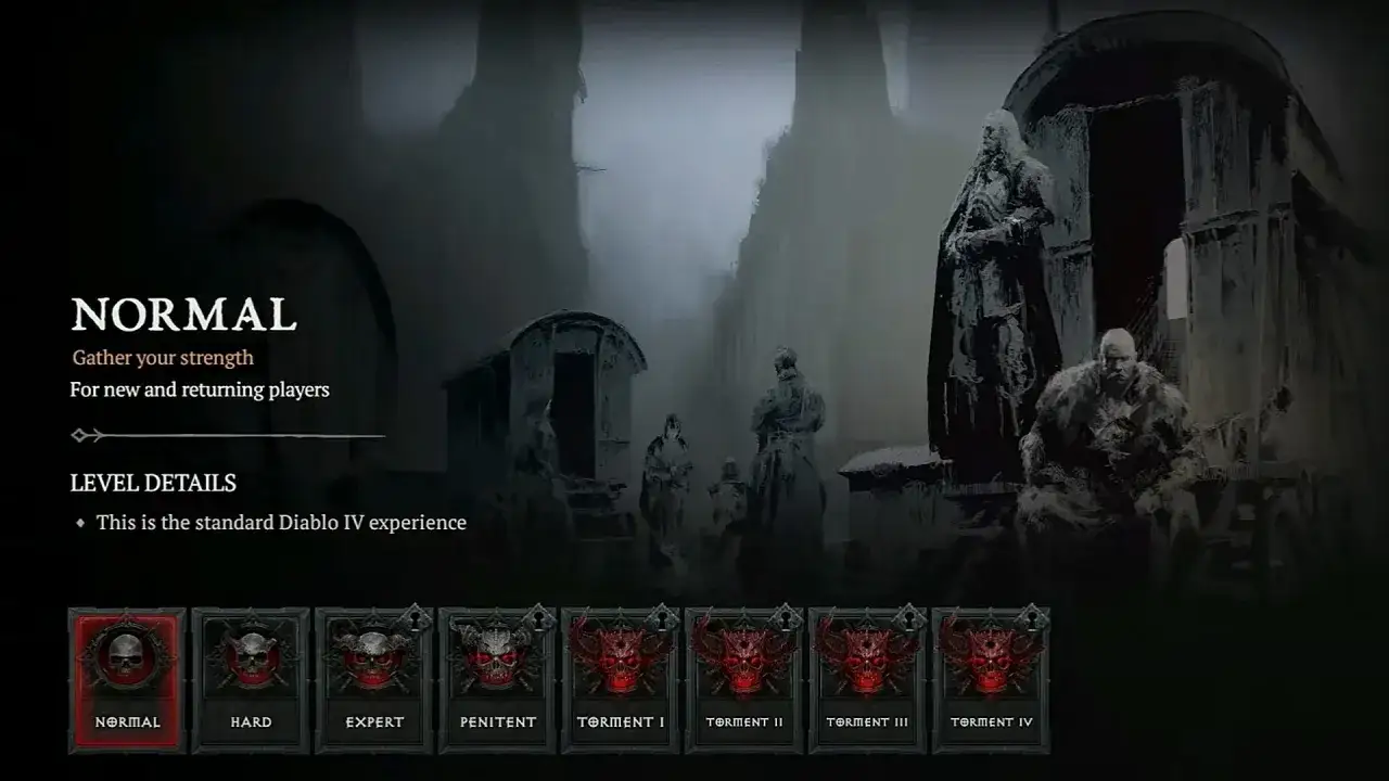 Wybierz jeden z diablo 4 poziomów trudności: Normalny, Trudny, Ekspert, Pokutnik, Udręka I-IV.