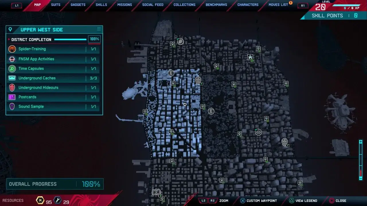 Mapa Spider-Man Miles Morales z ukończonymi wszystkimi zadaniami w Upper West Side. Droga do platyny w Spider-Man Miles Morales jest bliska!